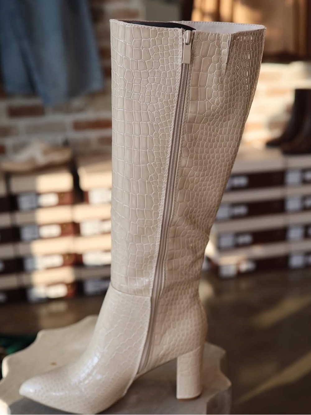 TOP Moda Croc-Embossed Over-the-Knee Block Heel Boot in Cream